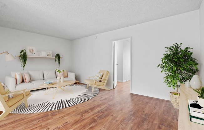 an open living room with a couch and a rug