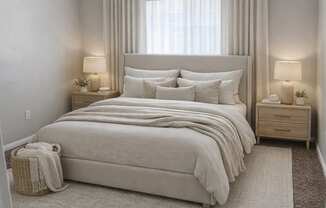 A bedroom with a large bed, two nightstands, and a ceiling fan.