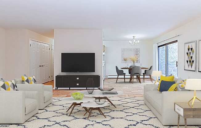 living area with sofa, coffee table, tv, credenza large windows and view of dining area at fort totten apartments in washington dc