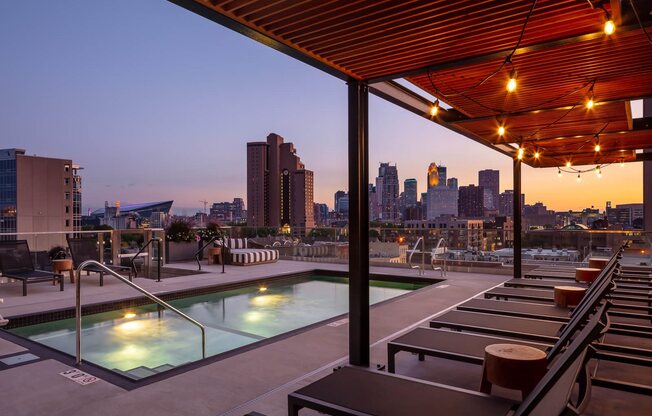 Pool deck and seating overlooking Minneapolis skyline