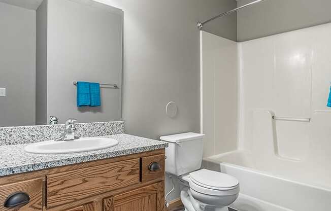 Bathroom with granite and hardwood-style floors at Williamsburg Park Apartments in south Lincoln NE 68516
