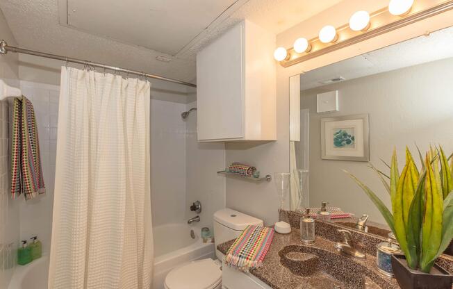 A well-lit bathroom featuring a white shower curtain, a bathtub with a showerhead, a modern sink with granite countertop, and various toiletries. Decor includes a potted plant and colorful hand towels hanging on the wall, creating a fresh and inviting atmosphere.