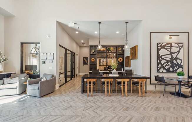 Community Clubhouse and Leasing Office Area at Alta 3Eighty Apartments located in Aubrey, TX.