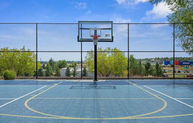 A basketball court with a hoop and a fence surrounding it.
