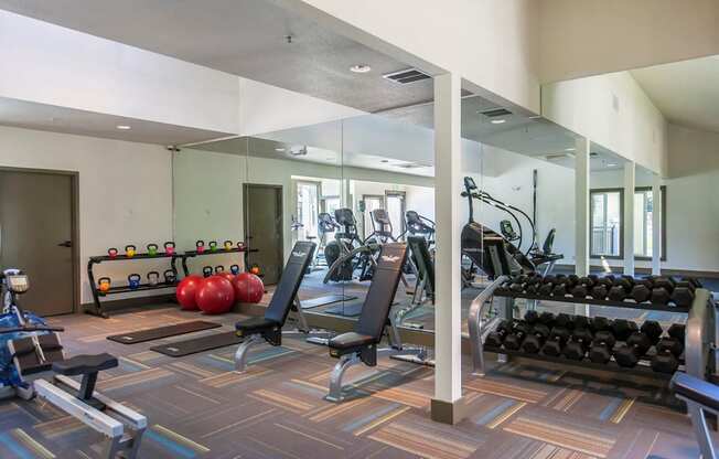 a gym with weights and cardio equipment in a building