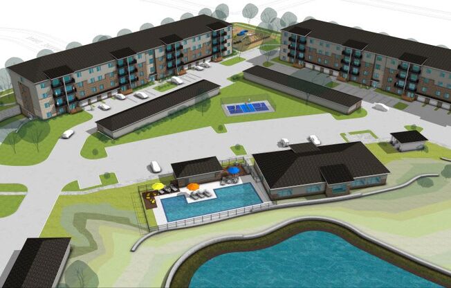 A drawing of a resort with a swimming pool.