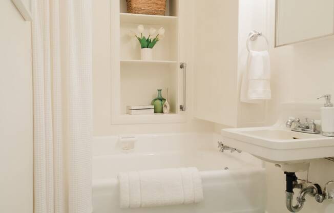 master bath with vintage tile and built-in shelving