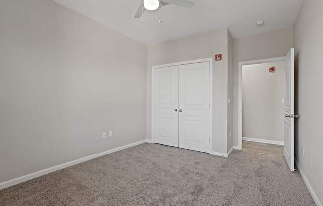 A room with a carpeted floor, a closet and a ceiling fan.