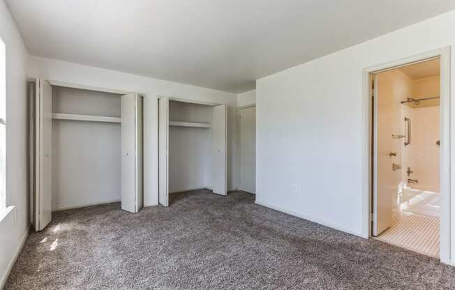 an empty room with three closets and a carpeted floor