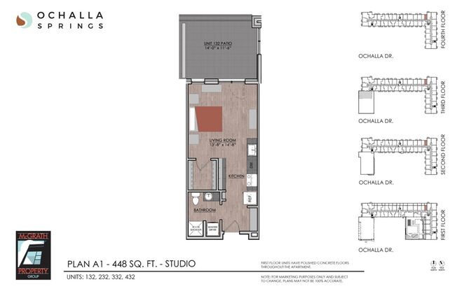 Studio, 1 bath, 448 sqft, $1,310, Unit 232