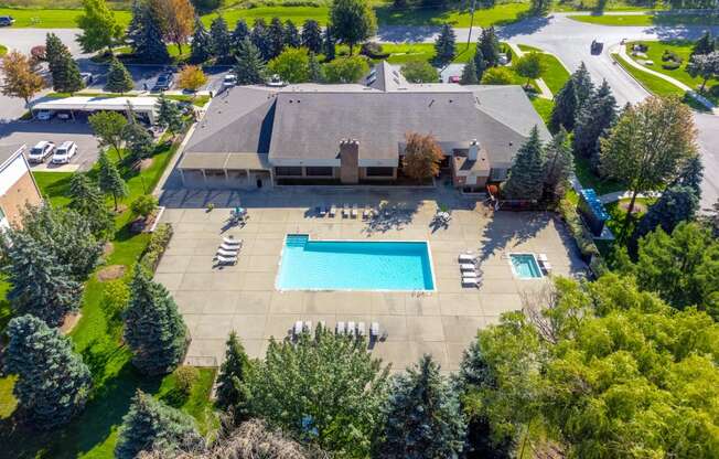 Aerial View of Clubhouse and Pool at Prentiss Pointe