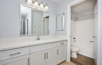 a room with a sink and a mirror