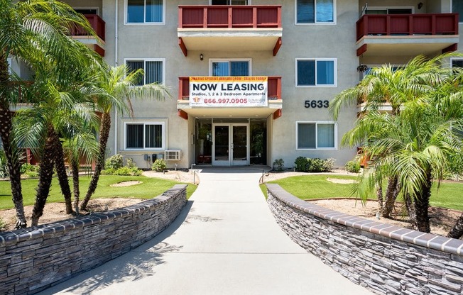 A building with a sign that says "NOW LEASING" is surrounded by palm trees.