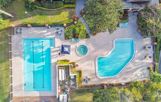 arial view of the pool and backyard