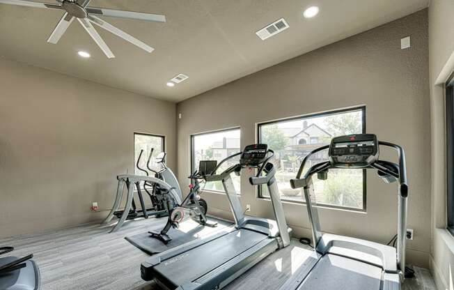 a home gym with treadmills and elliptical trainers