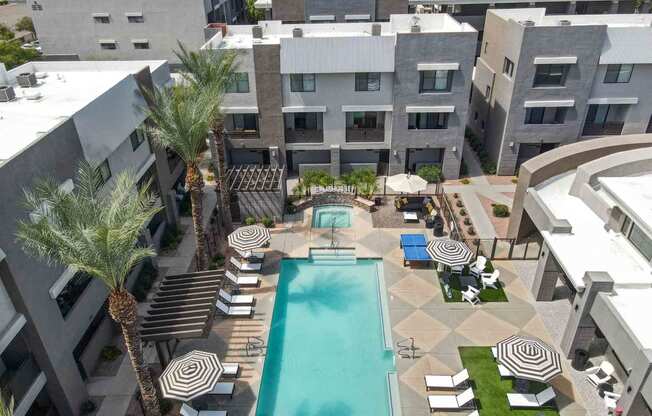 an aerial view of the resort style pool and courtyard