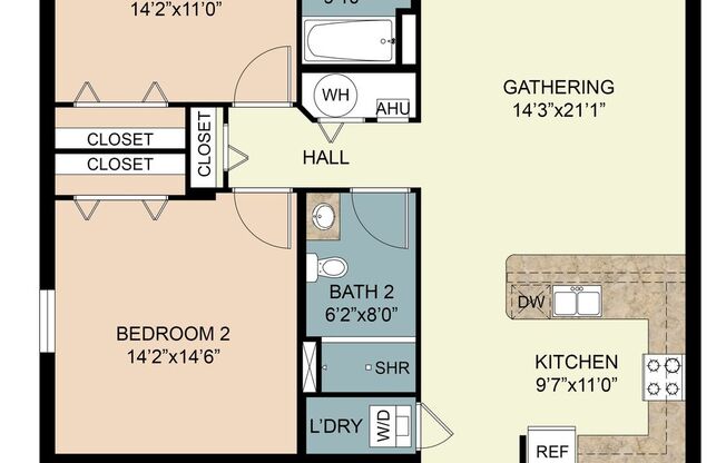 2 beds, 2 baths, 957 sqft, $1,960, Unit 1-302