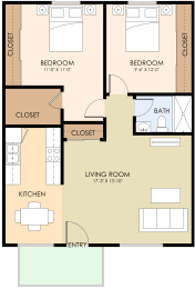 2 Bed 1 Bath Floorplan at Sunnyvale Town Center, Sunnyvale, CA