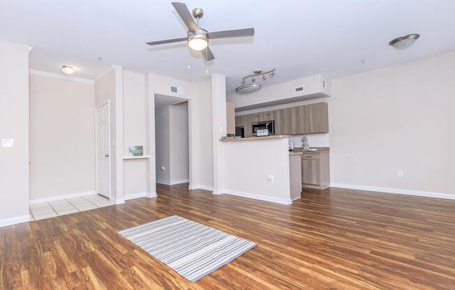 a kitchen with a wood floor