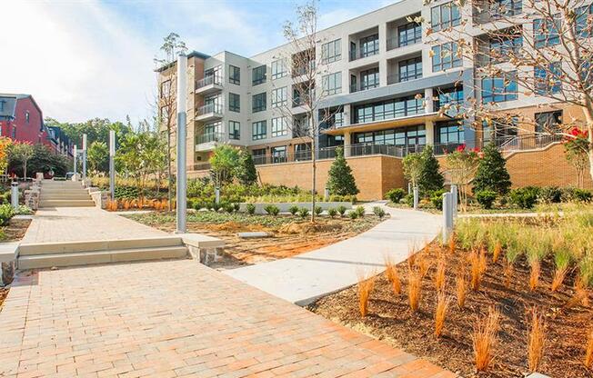 an urban park with buildings and a pathway