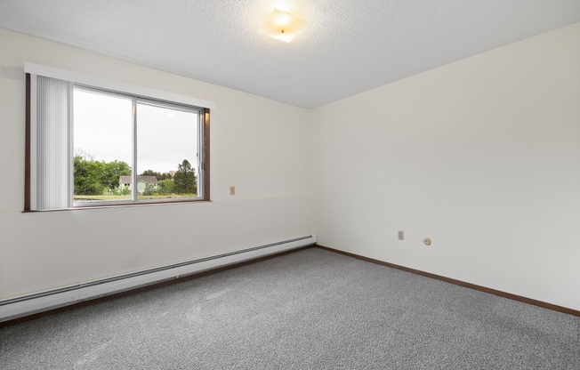 A room with a carpeted floor and a window overlooking trees.