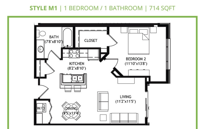 1 bed, 1 bath, 714 sqft, $1,875, Unit 227