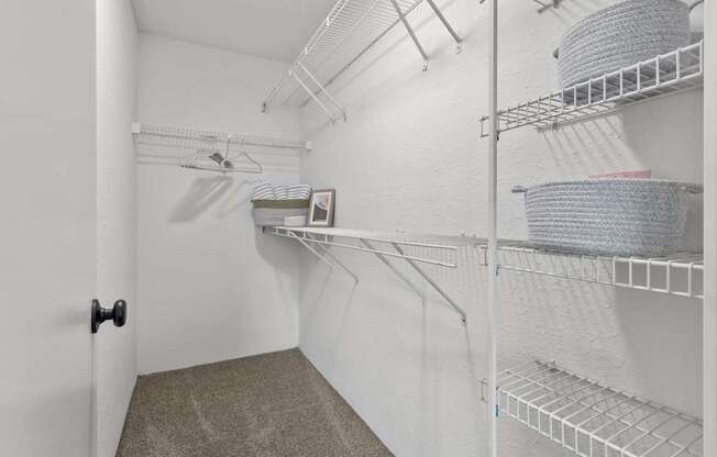 A white walk-in closet with shelves and a door.