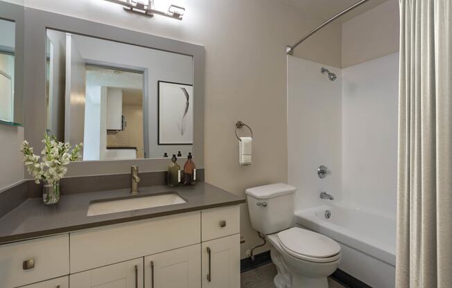 a bathroom with a sink and a toilet and a tub at Delphine on Diamond, California