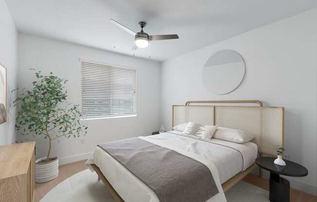 Mode bedroom with large window and variable speed ceiling fan