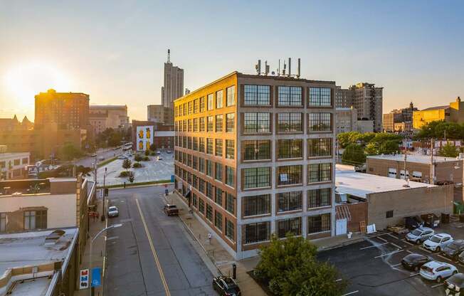 A sunset view of PW Shoe Loft Apartments