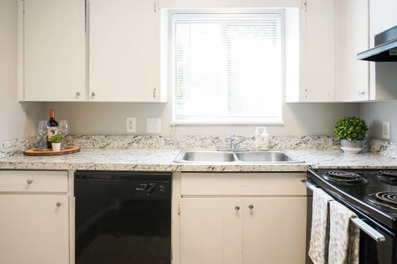 Kitchen cabinets cupboards  with sink at The Life at Legacy Fountains, Kansas City, MO, 64131