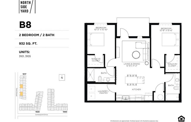 2 beds, 2 baths, 932 sqft, $1,950, Unit 3105