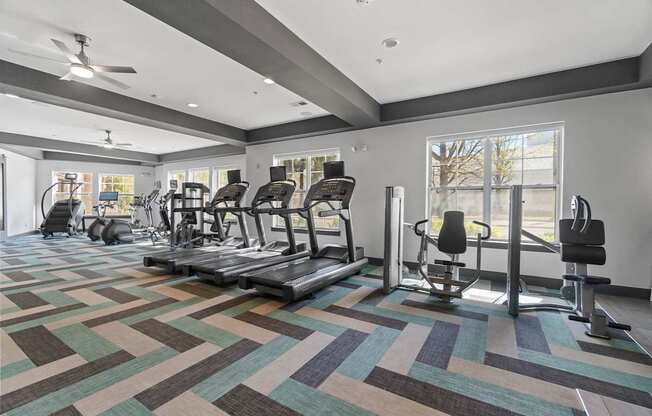 A gym with a variety of equipment including treadmills, weights, and a bench press.