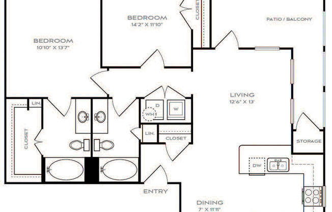 2 beds, 2 baths, 975 sqft, $1,670