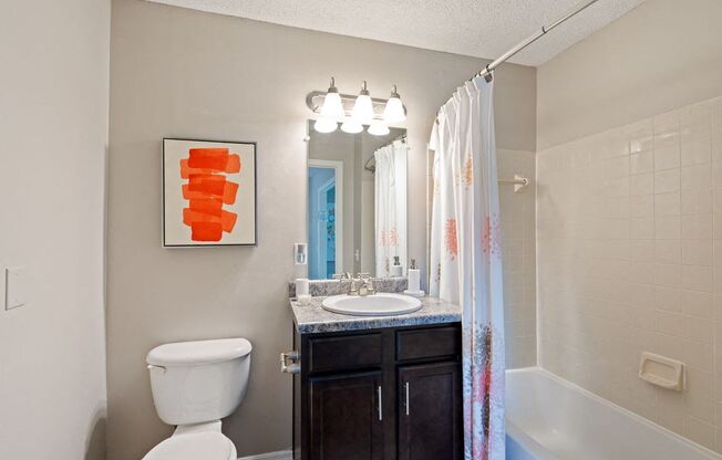 a bathroom with a toilet sink and shower and a mirror