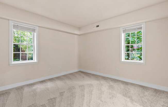 a bedroom with two windows and a carpeted floor