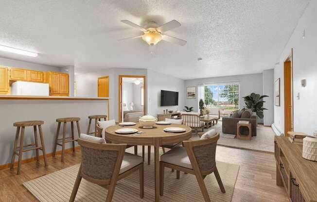 Kitchen, dining, and living room at The Preserve at Commerce, Rogers, MN, 55374