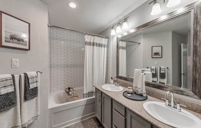 Upscale bathroom with soaking tub and framed vanity