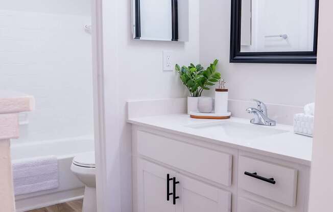 A bathroom with a white vanity and a mirror above it.