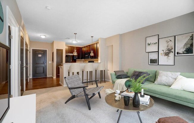 a living room with a couch and a table