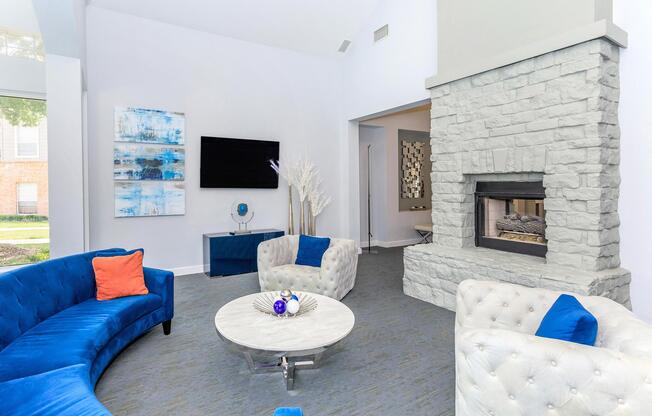 a living room with blue walls