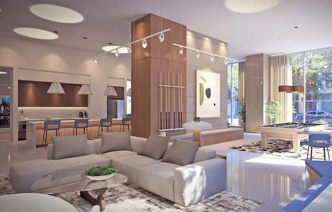 A modern living room with a large white sofa and a wooden cabinet.