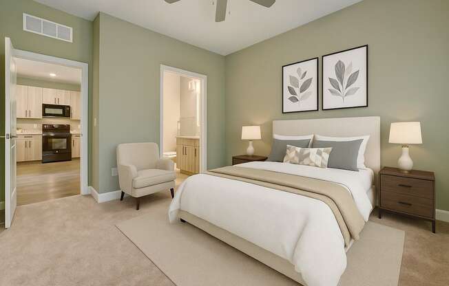 A bedroom with a large bed and a chair.