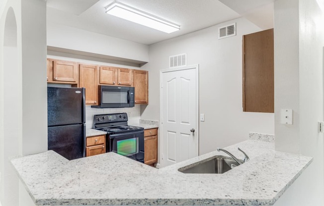 One-Bedroom Apartments in San Antonio, TX - Club at Stone Oak - Kitchen with Granite Countertops, Wood-Style Cabinets, and Black Appliances