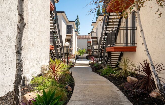 A concrete walkway leads between two buildings with a small garden on the side.