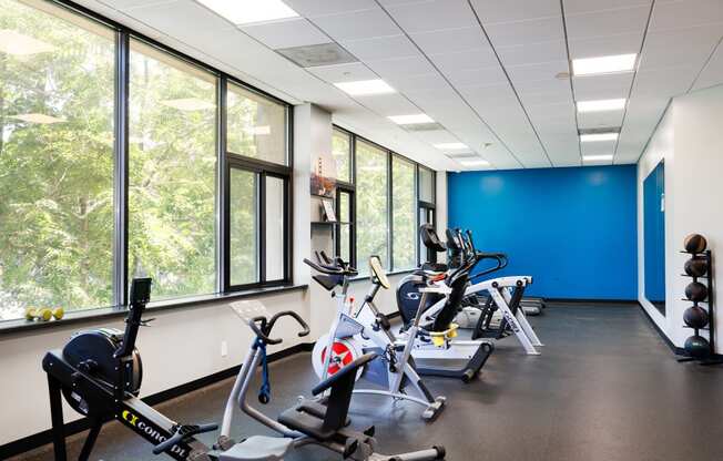 a fitness room with exercise bikes and windows