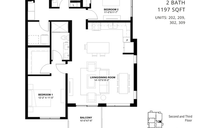 2 beds, 2 baths, 1,197 sqft, $3,195, Unit 202
