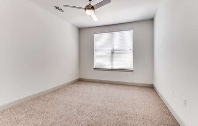 A room with a carpeted floor and a ceiling fan.