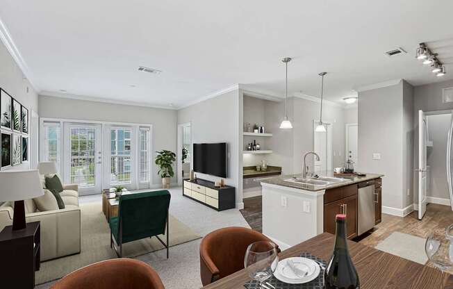 A modern living room with a dining table set for two.