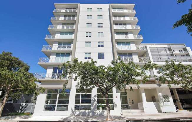 Pet-Friendly Rentals in Miami River, FL – Riverview One Apartments – A photo of our exterior of the building with trees in front